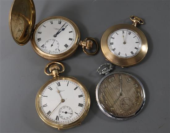 Two Waltham gold plated pocket watches, a Benson gold plated pocket watch and a chrome case pocket watch.